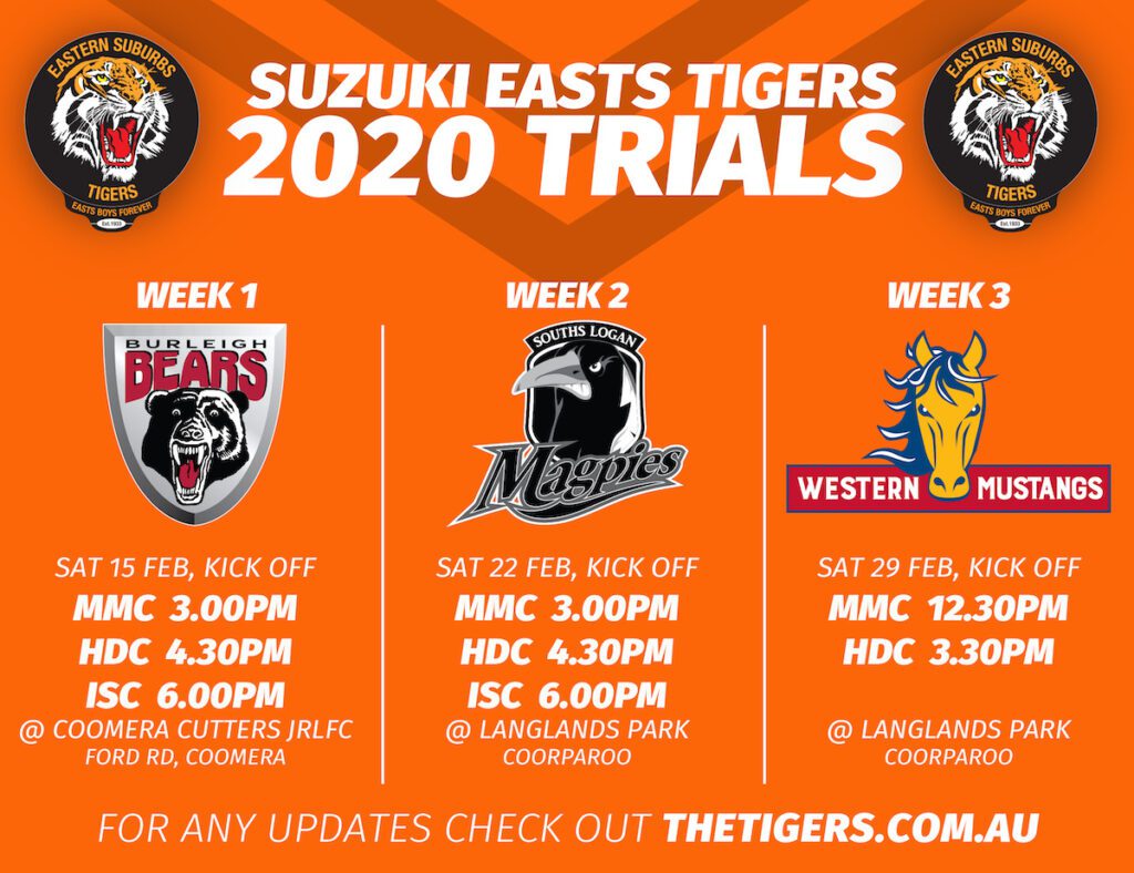 [SUZUKI EASTS TIGERS 2020 TRIALS] Suzuki Easts Tigers is unveiling the pre-season Trial games for 2020. With this announcement, the dates and times of the trials are for the following sides; Auswide Bank Mal Meninga Cup (U18s), Hastings Deering Colts (U20s), and Intrust Super Cup. Burleigh Bears week 1, Sat Feb 15, from 3pm Souths Logan Magpies week 2, Sat Feb 22, from 3pm The trial dates for the Women’s state comp team are soon to be announced. Anyone with a 2020 Season Pass, entry to the Langlands Park games are included; Please note: times are subject to change, please refer to our website and social media pages for any updates. #GoTheTigers #Season2020 #EBF #EGF #isc #intrustsupercup #burleigh #bears #burleighbears #souths #logan #southslogan #maggies #magpies #rugbyleague #rugby #footy #QLDER #preseason #trials 