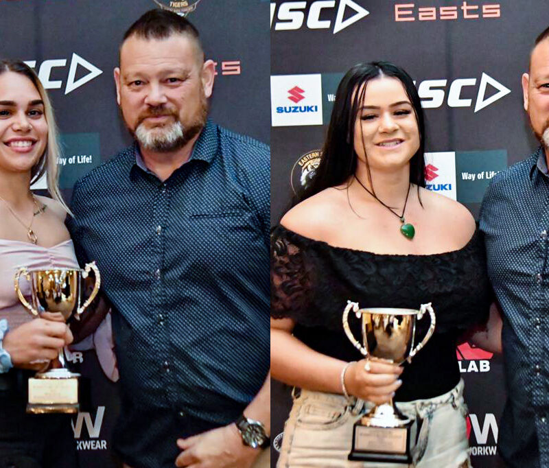 Keisha-Leigh Coolwell & Jessika reeves with Tigers head coach Duane Rehua