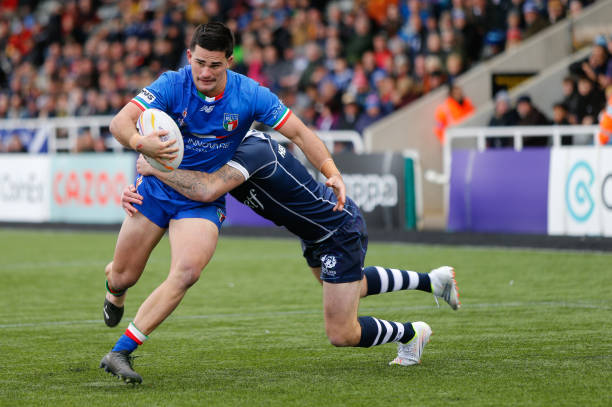 Daniel Atkinson of Italy goes for the try line during The 2021 Rugby League World Cup Pool B match between Scotland and Italy at Kingston Park, Newcastle on Sunday 16th October 2022. (Photo by Chris Lishman/MI News/NurPhoto via Getty Images)